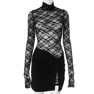 High neck long sleeve lace mini skirt set