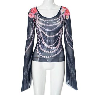 Long flared sleeve u neck beaded print sheer mesh top