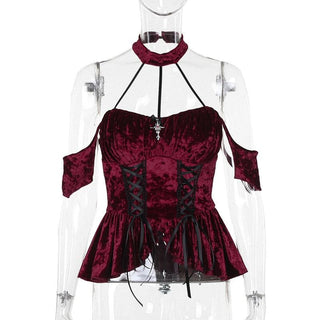 Halter velvet cross applique lace up top
