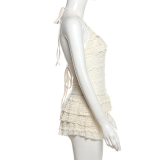 Halter self tie see through v neck hollow out cut out mini dress