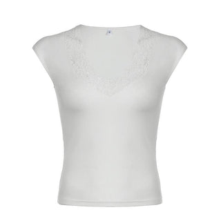 V neck cap sleeve lace hem top