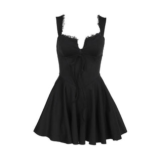 Lace hem button bowknot cami mini dress