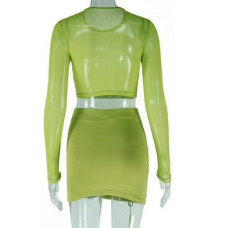 Long sleeve mesh see through knotted mini skirt set