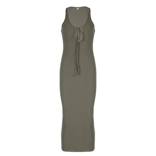 U neck self tie hollow out solid cut out maxi dress