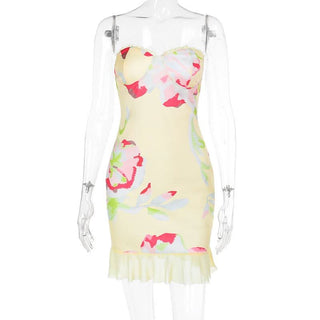 Mesh flower print sweetheart neck tube mini dress