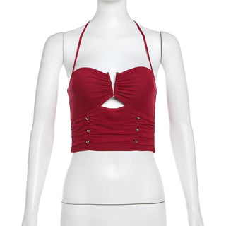 Halter ruched hollow out beaded cut out top