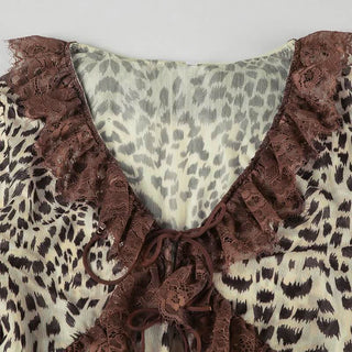 Long sleeve mesh lace hem leopard print self tie top