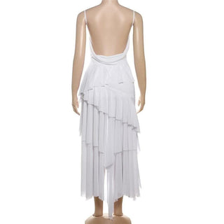 V neck sheer mesh ruffle cami midi dress-final-sale