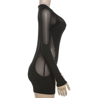 Long sleeve crewneck mesh patchwork zip-up romper