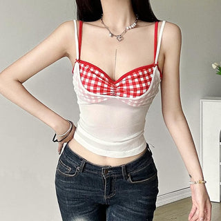 Plaid sweetheart neck ruched mesh 2 piece cami top