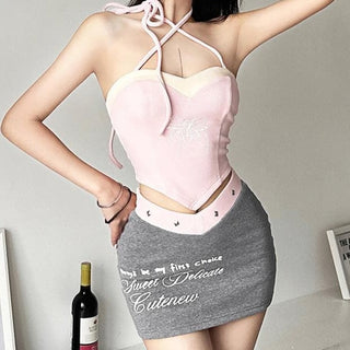 Sweetheart neck contrast halter backless mini skirt set
