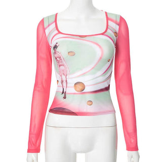 Square neck long sleeve cross back self tie print top