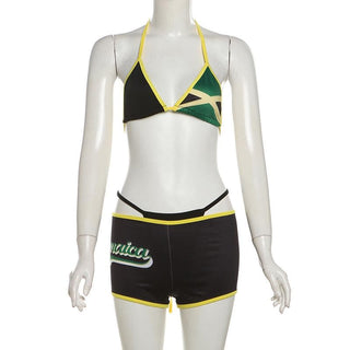 Halter v neck self tie contrast 3 piece pant set