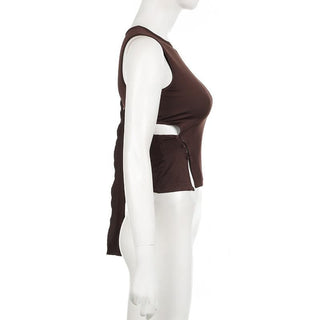 Irregular crewneck button hollow out cut out top