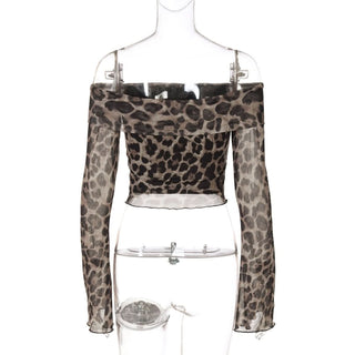 Long sleeve off shoulder leopard print ruffle top