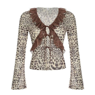 Long sleeve mesh lace hem leopard print self tie top