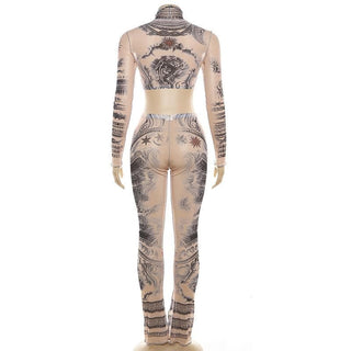 Long sleeve print high neck ruffle crop sheer mesh pant set