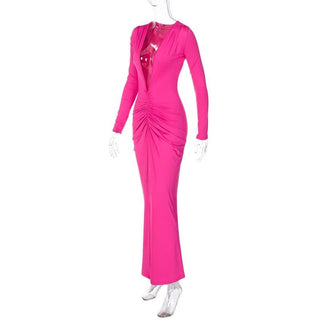 Ruched long sleeve v neck solid 2-way maxi dress