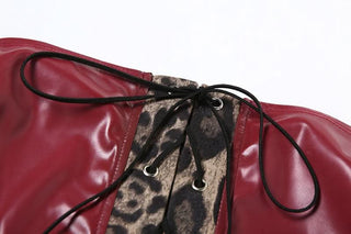 Leopard print lace up PU leather patchwork tube top