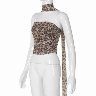 Leopard print ruched mesh 2 piece tube top