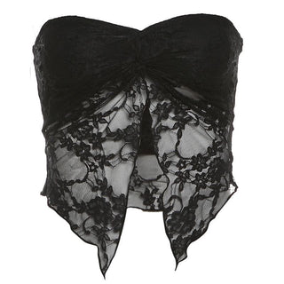 Lace ruched slit ruffle solid tube top