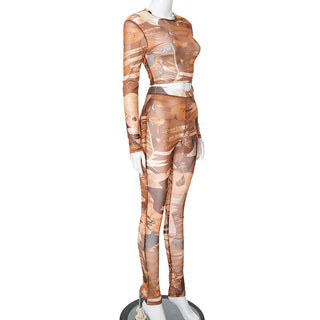 Long sleeve crewneck print sheer mesh pant set