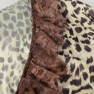 Long sleeve mesh lace hem leopard print self tie top