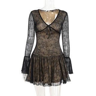 V neck long sleeve lace bowknot mini dress