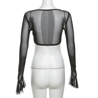 Long flared sleeve mesh see through lace up crop top