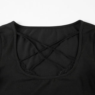 Cross front lace hem long sleeve hollow out cut out top