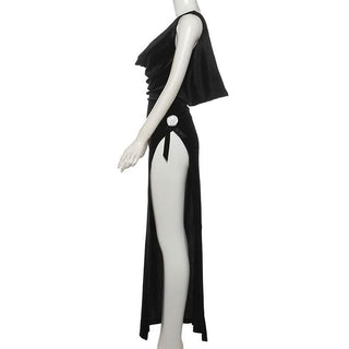 Cowl neck velvet backless slit bowknot applique maxi dress