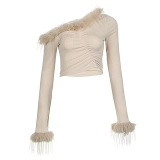 Feather irregular long sleeve ruched off shoulder crop top