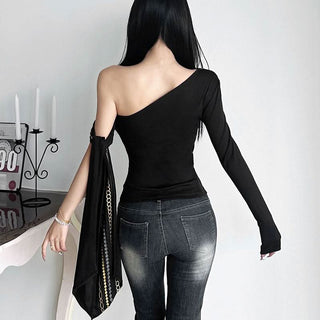 One shoulder long sleeve metal chain print top