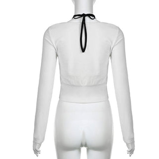 Long sleeve bowknot halter ruched 2 piece top