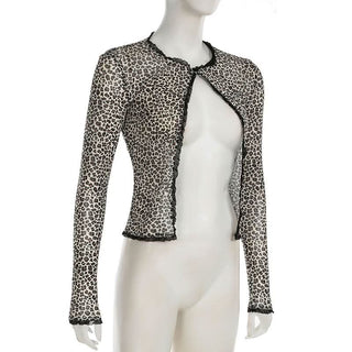 Leopard print long sleeve mesh crop top
