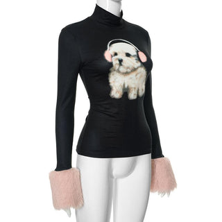 Long sleeve high neck fluffy dog pattern top