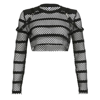 Hollow out long sleeve fishnet see through buckle solid crop cut out top