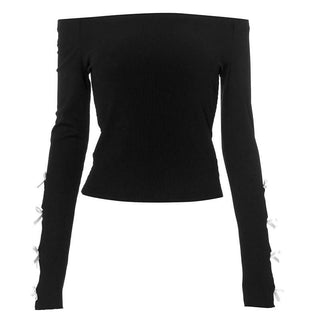 Long sleeve off shoulder bowknot hollow out ribbed cut out top