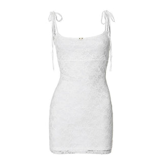U neck lace self tie flower applique cami mini dress