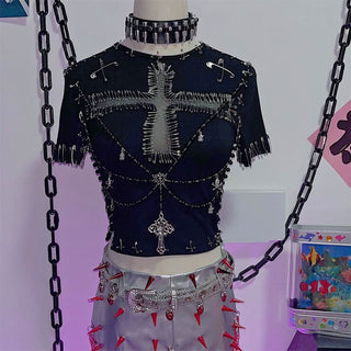 Short sleeve beaded cross pattern top