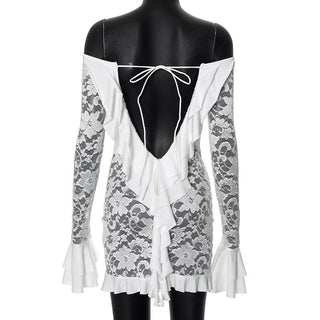 Long flared sleeve lace up lace see through mini dress