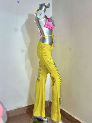 Halter bowknot ruched contrast hollow out self tie low rise pant set