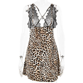 V neck leopard print lace see through cami mini dress