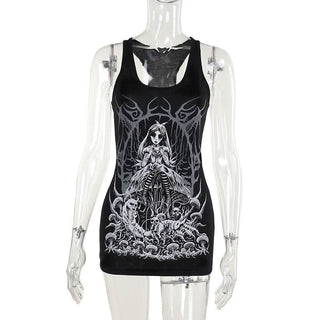U neck abstract skull pattern tank mini dress