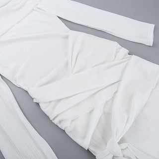 Cross front solid long sleeve off shoulder slit self tie maxi dress-final-sale