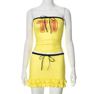 Halter knotted "71" print ruffle tube mini skirt set