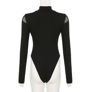 High neck long sleeve mesh hollow out bodysuit