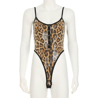 Leopard print u neck glitter button cami bodysuit