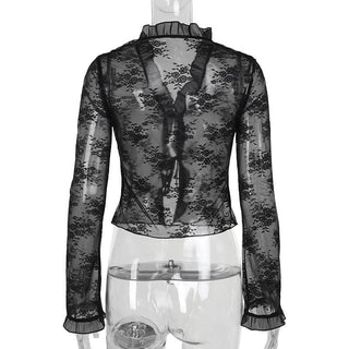 Long sleeve v neck lace self tie top