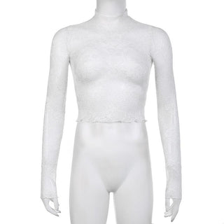 Long sleeve high neck lace see through top
